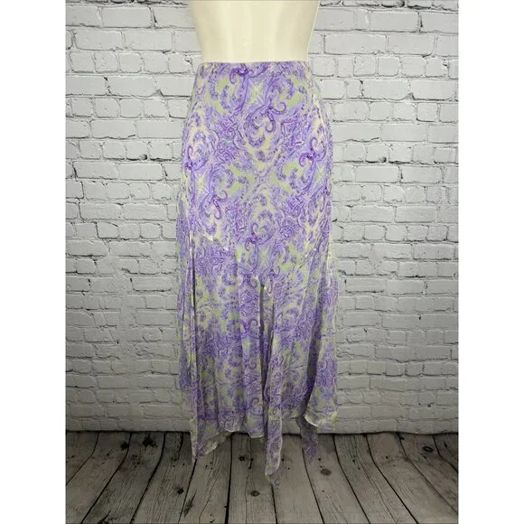 VTG I.C.E. Purple Green 100% Silk Chiffon Floral Beaded Flowy Maxi Long Skirt M - Picture 1 of 13